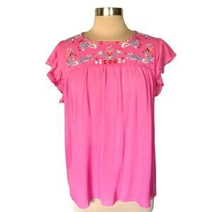 Coco Kelly Hot Pink Boho Top Floral Embroidered MED Flutter Sleeves Peasant